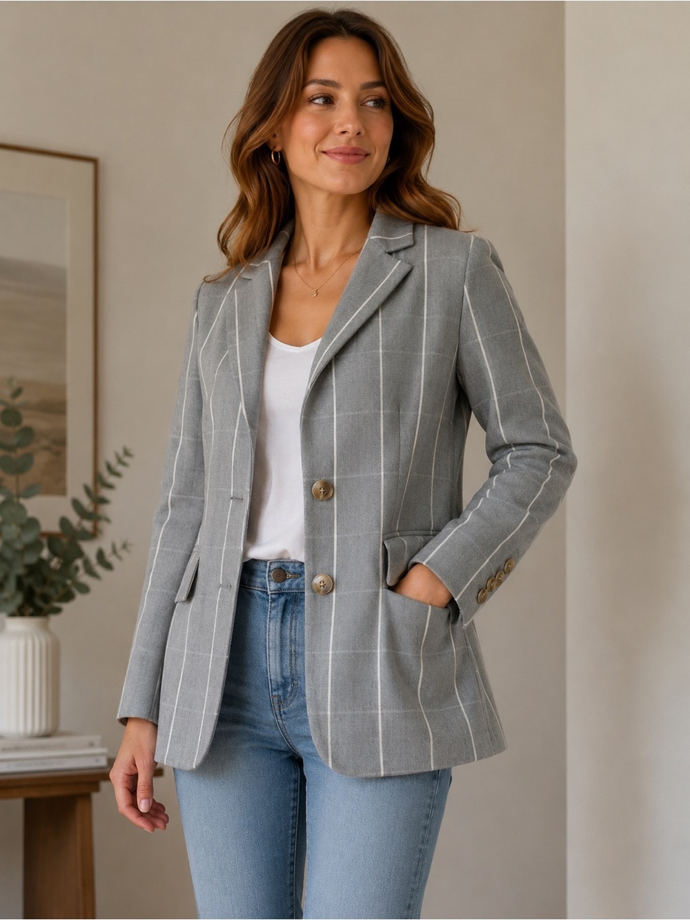 Rachel Roy Gray Pinstripe Blazer Jacket Women’s Tailored Career Office Chic | 4